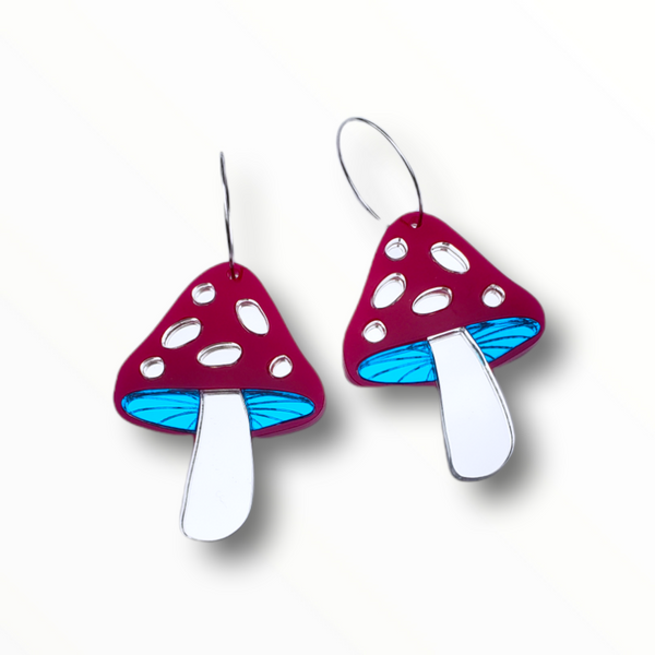 Funky Mushroom Earrings - Magenta with Blue & Silver Mirror