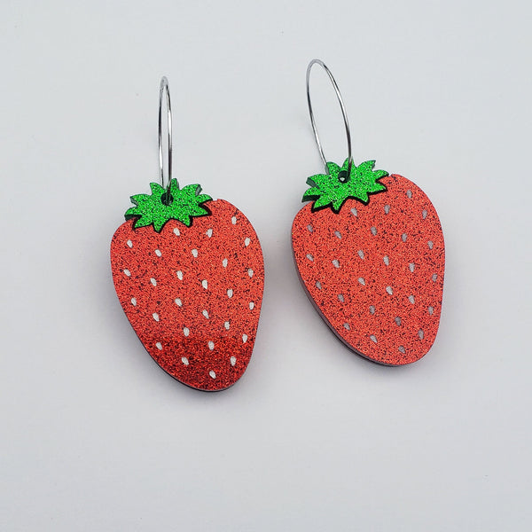 Strawberry Earrings - Red Glitter