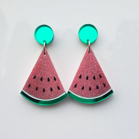 Watermelon Slice Earrings - Pink Glitter